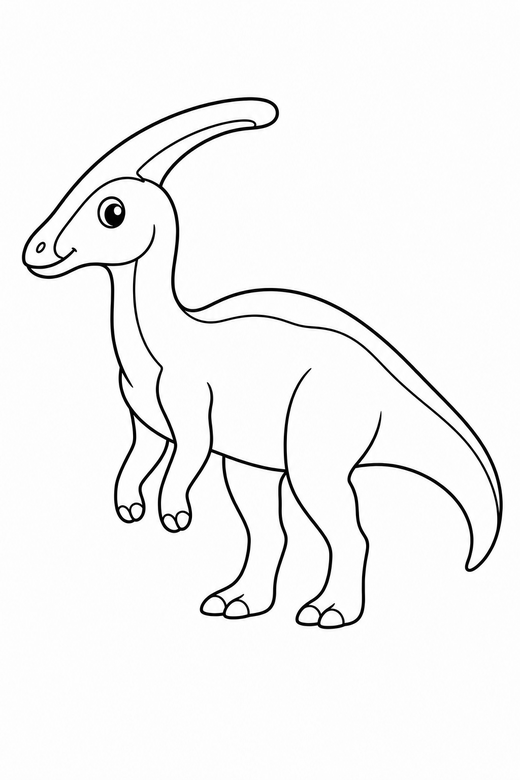 Parasaurolophus in profile: A parasaurolophus with a long head crest, standing in profile, free printable coloring page