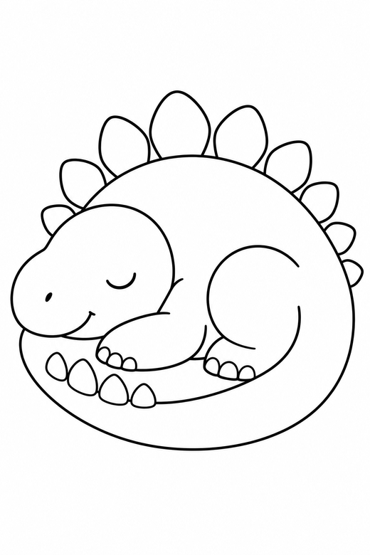 Sleeping dinosaur: A dinosaur sleeping curled up with eyes closed, free printable coloring page