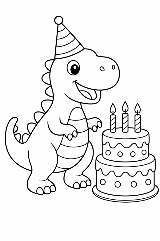 Dinosaur birthday party: A friendly dinosaur wearing a party hat next to a birthday cake, free printable coloring page