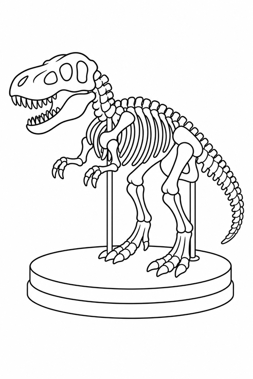 Dinosaur skeleton: A dinosaur skeleton display, simple bold bones, museum style, free printable coloring page