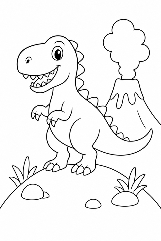 Dinosaur and a volcano: A dinosaur standing on a small hill with a simple volcano in the background, free printable coloring page