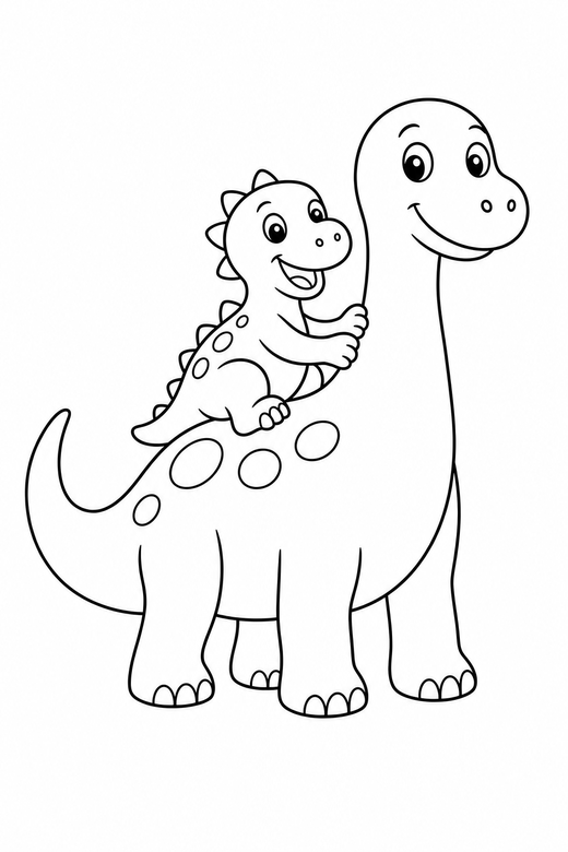 Dinosaur giving a ride: A small dinosaur riding on the back of a larger dinosaur, free printable coloring page