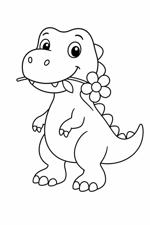 Dinosaur holding a flower: A dinosaur holding a single flower in its mouth, free printable coloring page