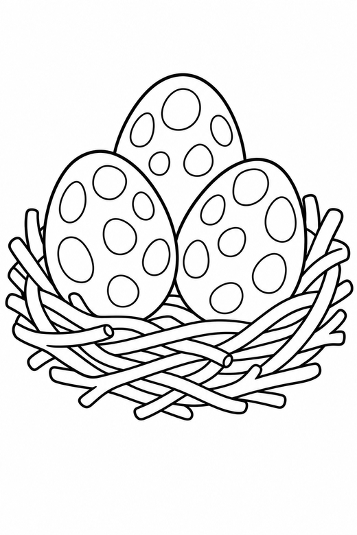 Three eggs in a nest: Three dinosaur eggs in a simple nest of twigs, free printable coloring page