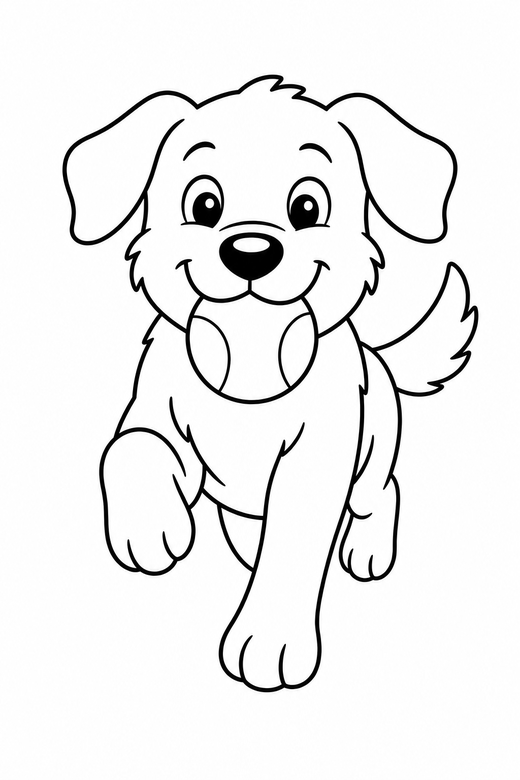 Dog fetching a ball: A dog fetching a ball, running forward, free printable coloring page