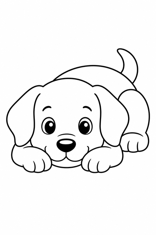 Dog resting on its paws: A dog lying down with its head on its paws, free printable coloring page