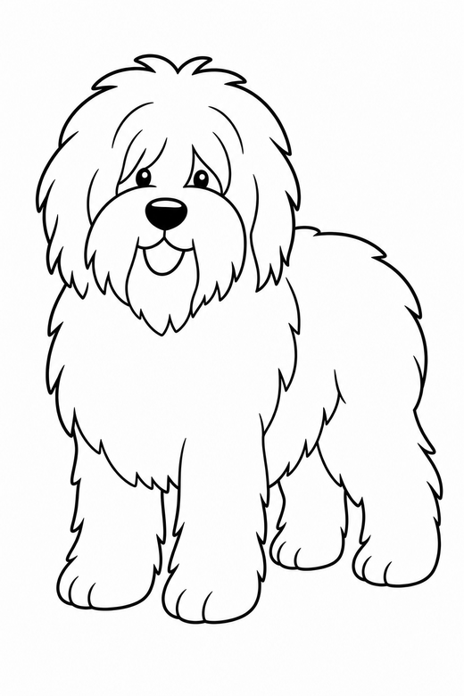 Shaggy sheepdog: A shaggy sheepdog standing, long fur in simple shapes, free printable coloring page