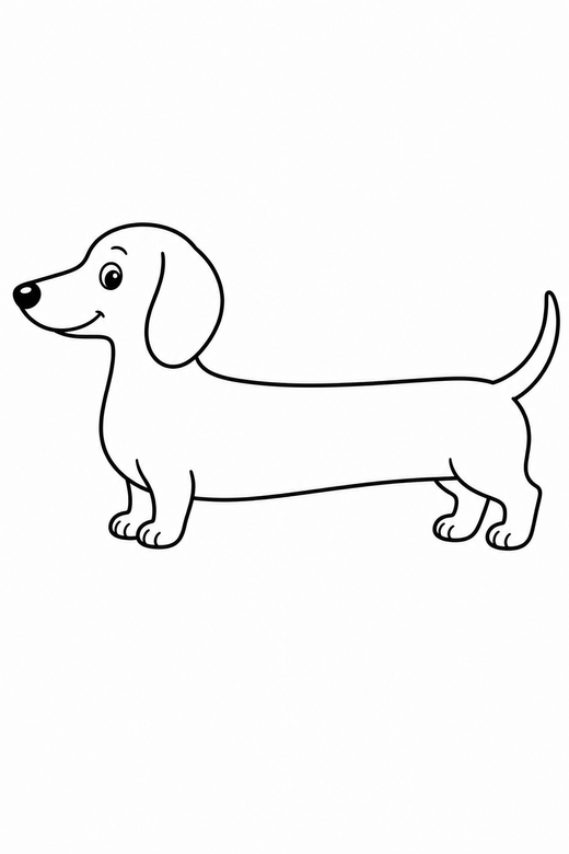 Dachshund in profile: A dachshund standing in profile with a very long body, free printable coloring page