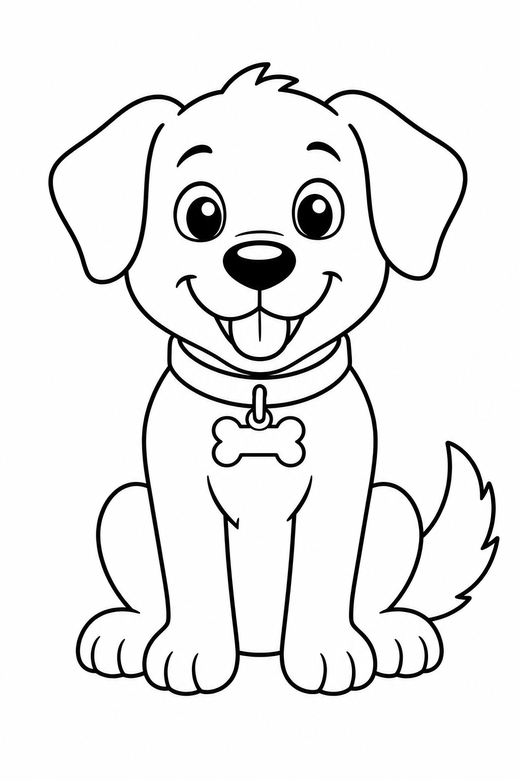 Dog with a bone tag: A dog wearing a collar with a bone-shaped tag, sitting, free printable coloring page