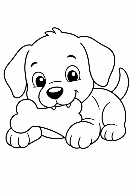 Puppy with a big bone: A puppy chewing on a large bone, free printable coloring page