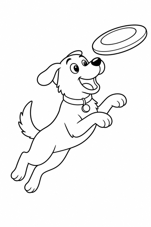 Dog catching a frisbee: A dog jumping to catch a frisbee in mid-air, free printable coloring page