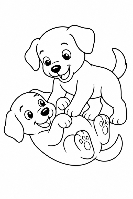 Two puppies playing: Two puppies playing together, one on its back, free printable coloring page