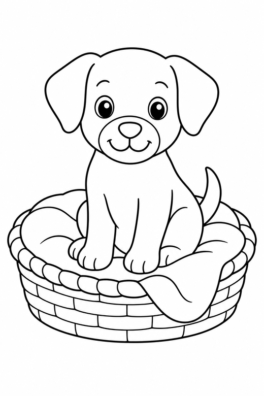 Dog in a basket bed: A dog sitting in a basket bed with a simple blanket, free printable coloring page