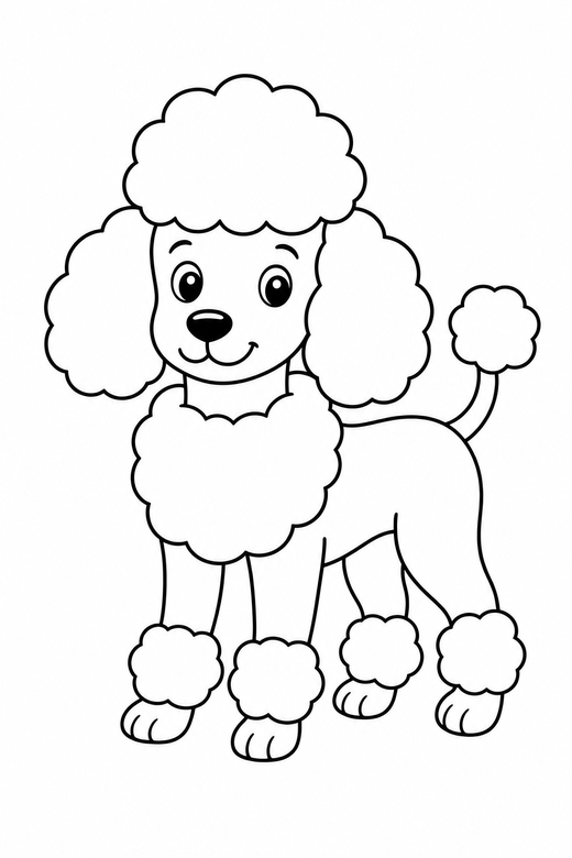 Fluffy poodle: A poodle with rounded fluffy fur sections, free printable coloring page
