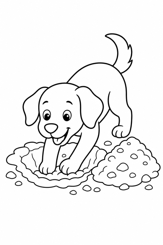 Dog digging a hole: A dog digging a hole with dirt piled beside it, free printable coloring page