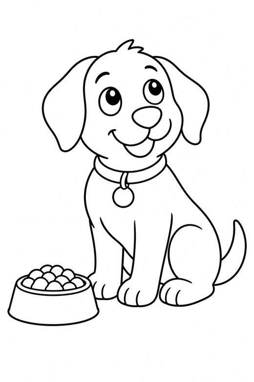 Dog at its food bowl: A dog sitting beside a food bowl looking up, free printable coloring page