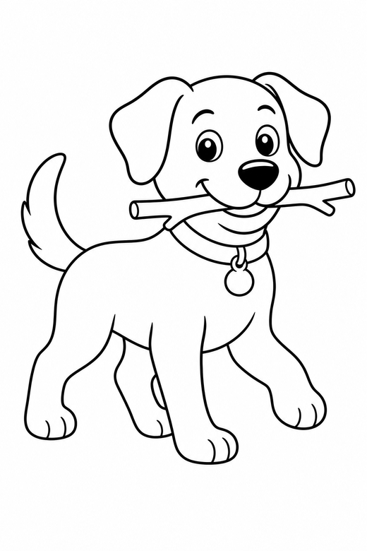Dog carrying a stick: A dog with a stick in its mouth, walking, free printable coloring page