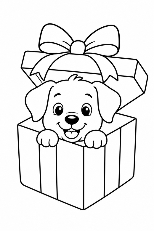 Puppy in a gift box: A puppy peeking out of a gift box with a bow, free printable coloring page
