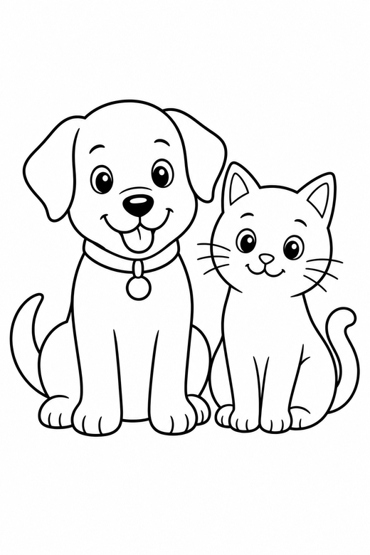 Dog and cat together: A dog and a cat sitting peacefully side by side, free printable coloring page