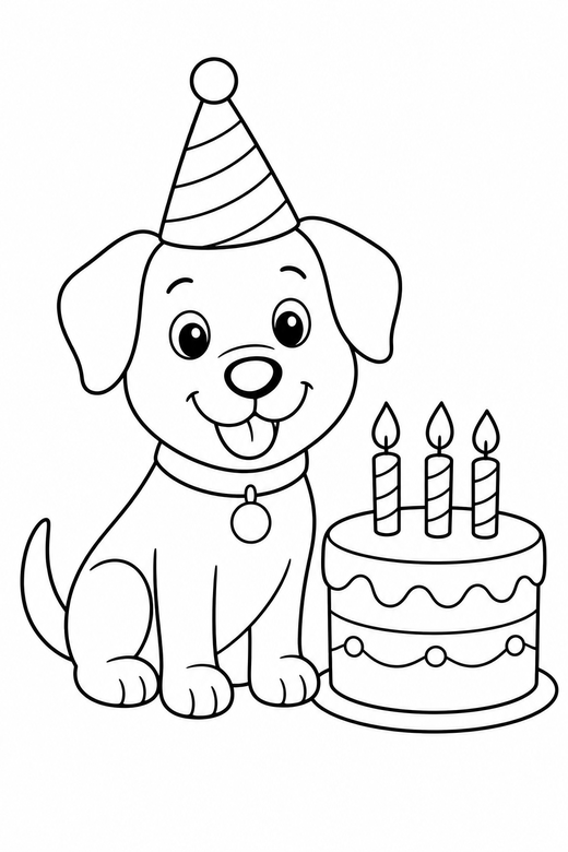 Birthday dog: A dog wearing a party hat beside a birthday cake, free printable coloring page