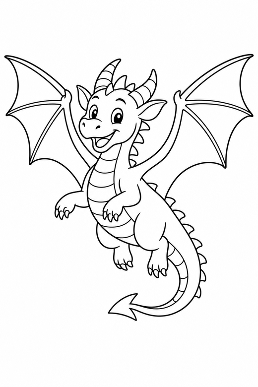 Dragon in flight: A dragon flying with wings fully spread, free printable coloring page