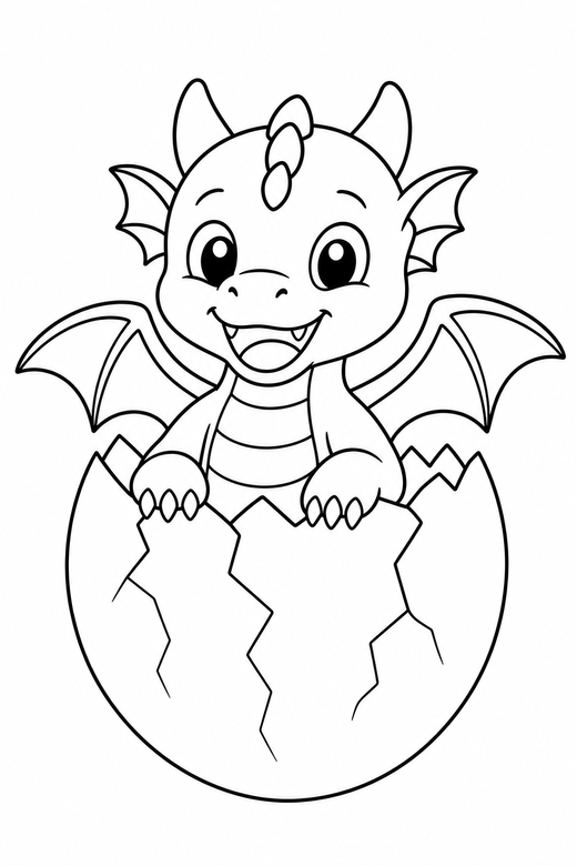 Dragon hatching from an egg: A baby dragon hatching from a cracked egg, free printable coloring page