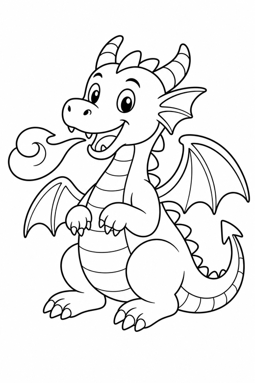 Fire-breathing dragon: A dragon breathing a simple curl of fire, free printable coloring page