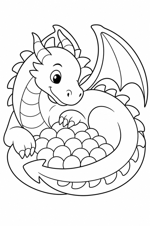 Dragon guarding treasure: A dragon curled protectively around a pile of round treasure, free printable coloring page
