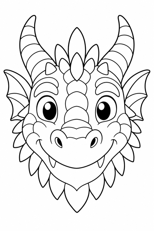 Dragon head close-up: A dragon head portrait close-up with horns and scales, free printable coloring page