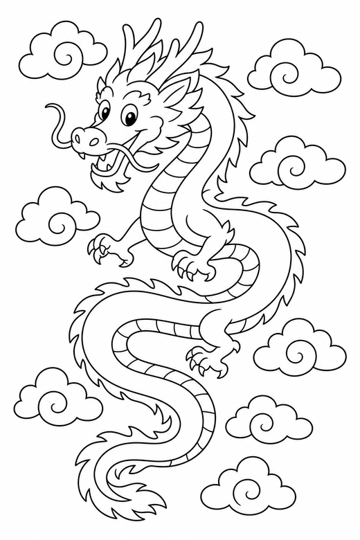 Eastern dragon in the clouds: A long serpentine eastern dragon curving through simple clouds, free printable coloring page