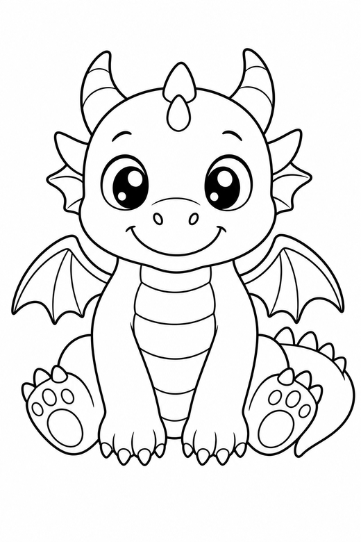 Chubby baby dragon: A small chubby dragon sitting like a puppy with big eyes, free printable coloring page