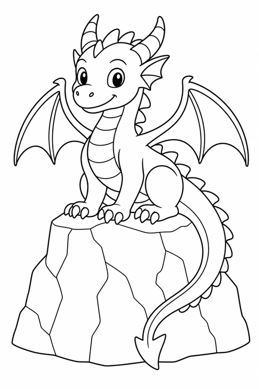 Dragon on a rock: A dragon perched on a rock with tail hanging down, free printable coloring page