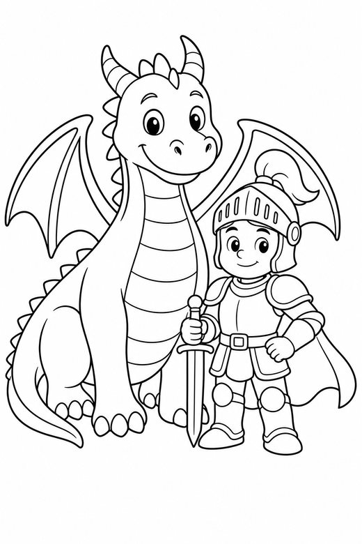 Dragon and knight: A dragon with a knight, standing peacefully side by side, free printable coloring page