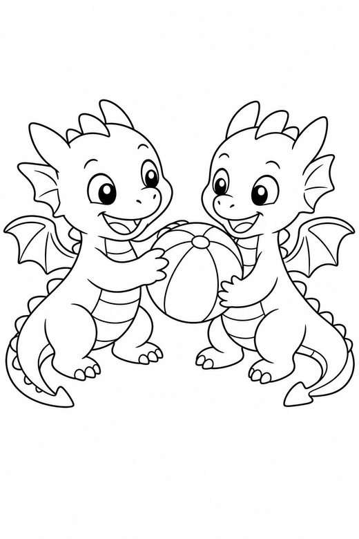 Two dragons playing: Two small dragons playing together, free printable coloring page