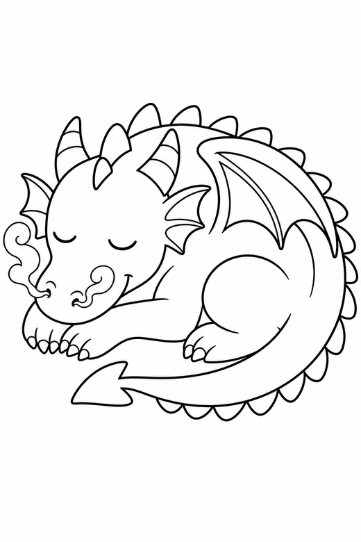 Sleeping dragon: A sleeping dragon with eyes closed and smoke curling from nostrils, free printable coloring page