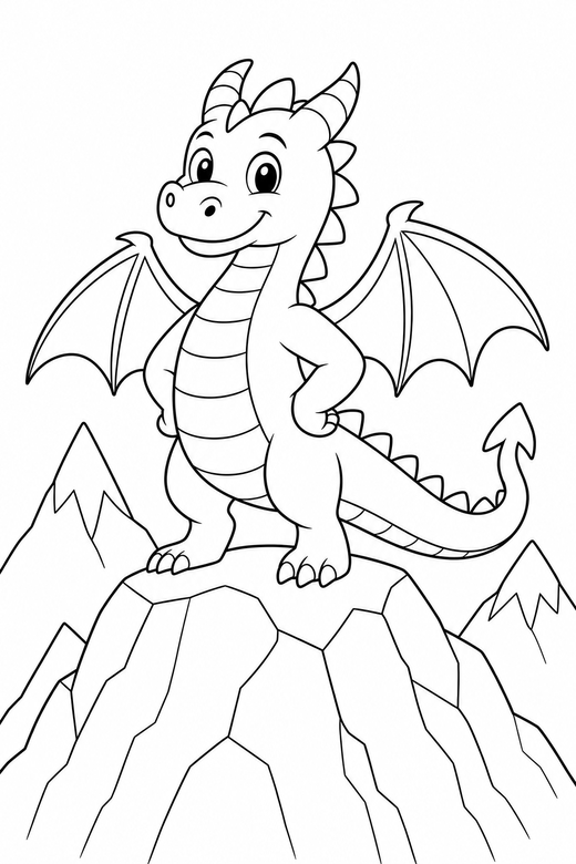 Dragon on a mountain top: A dragon standing on a mountain top with simple peaks behind, free printable coloring page