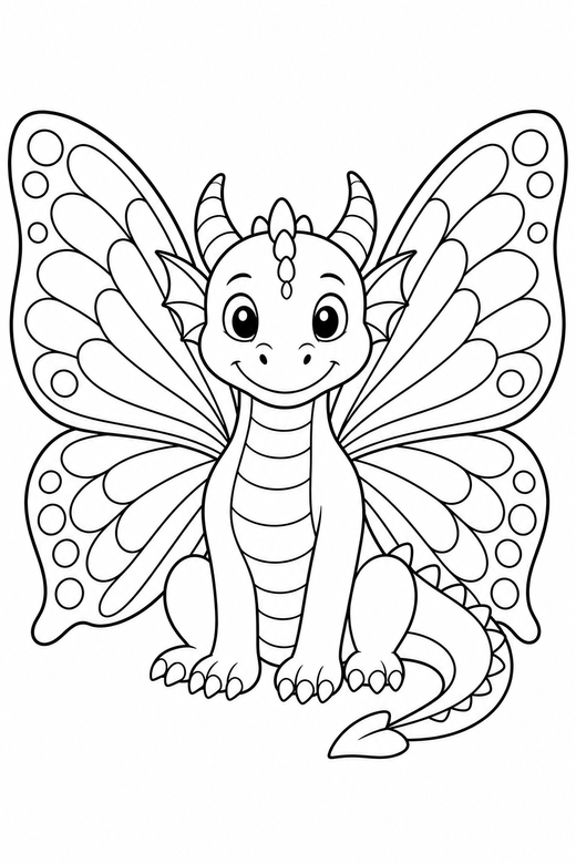 Dragon with patterned wings: A dragon with large butterfly-like patterned wings, free printable coloring page