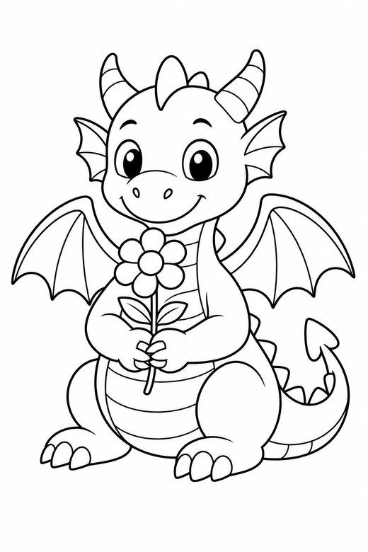 Dragon holding a flower: A dragon holding a single flower carefully in its claws, free printable coloring page