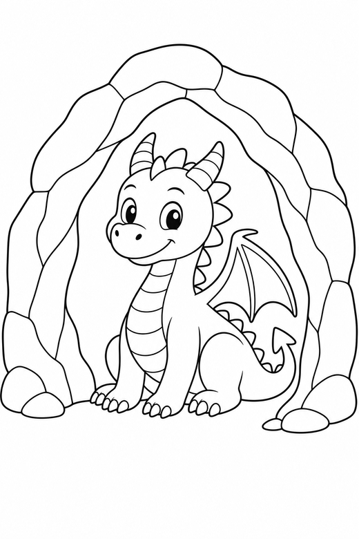 Dragon in a cave: A dragon sitting inside a cave opening, only partly visible, free printable coloring page