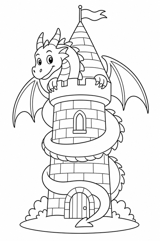 Dragon around a tower: A dragon with a long tail wrapped around a tower, free printable coloring page
