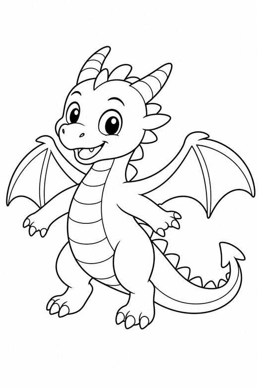 Young dragon learning to fly: A young dragon learning to fly, wings half open, free printable coloring page