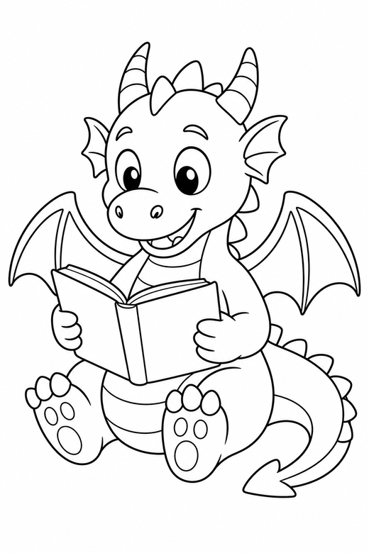 Dragon reading a book: A dragon reading an open book, free printable coloring page