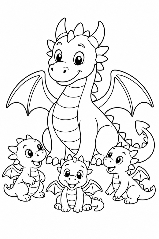 Dragon with hatchlings: A dragon with three simple hatchlings around it, free printable coloring page