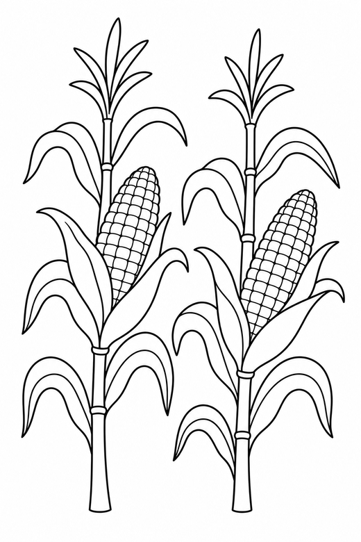 Corn stalks: Two corn stalks with ears of corn, free printable coloring page