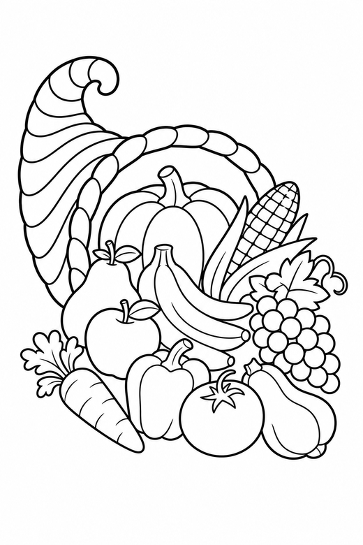 Harvest cornucopia: A cornucopia basket spilling fruit and vegetables, free printable coloring page