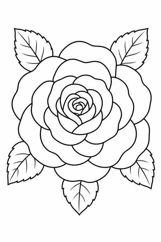 Rose from above: A rose in full bloom viewed from above, layered petals, free printable coloring page