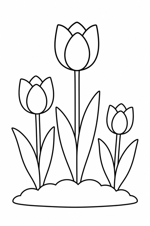 Three tulips: Three tulips of different heights growing from the ground, free printable coloring page