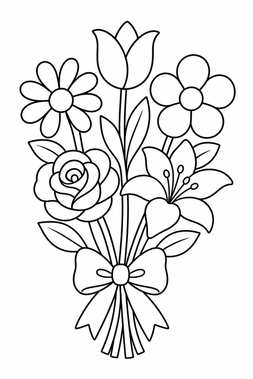 Bouquet with a ribbon: A simple bouquet of five mixed flowers tied with a ribbon, free printable coloring page