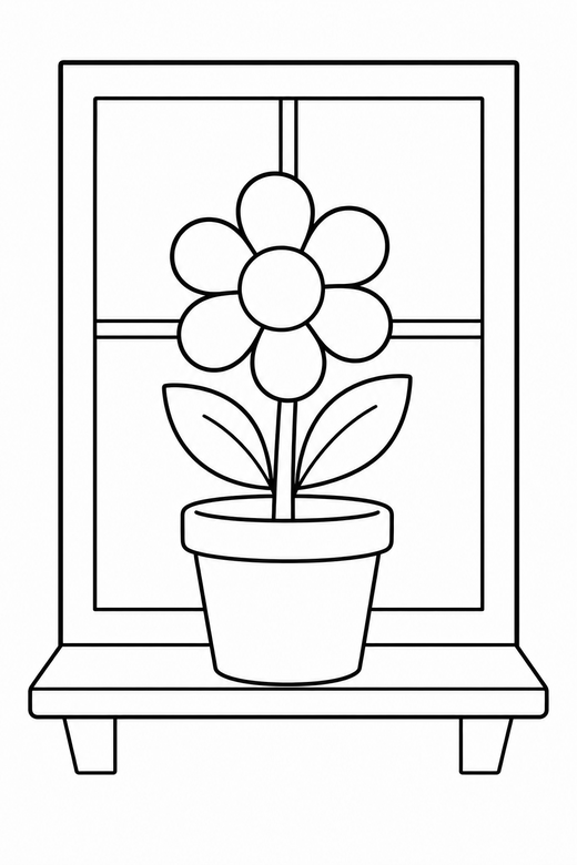 Flower in a pot: A flower in a small pot on a windowsill, free printable coloring page