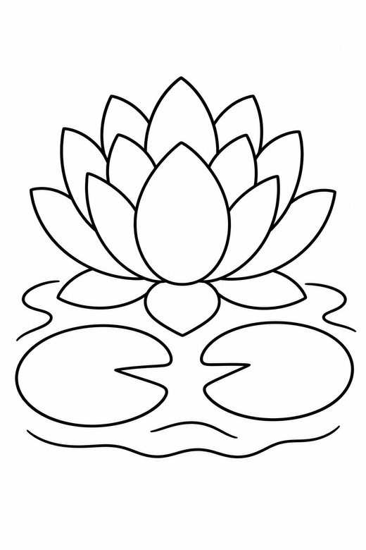 Lotus on the water: A lotus flower floating on water with two lily pads, free printable coloring page